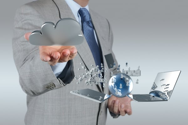 businessman hand shows cloud network and new technology symbol concept